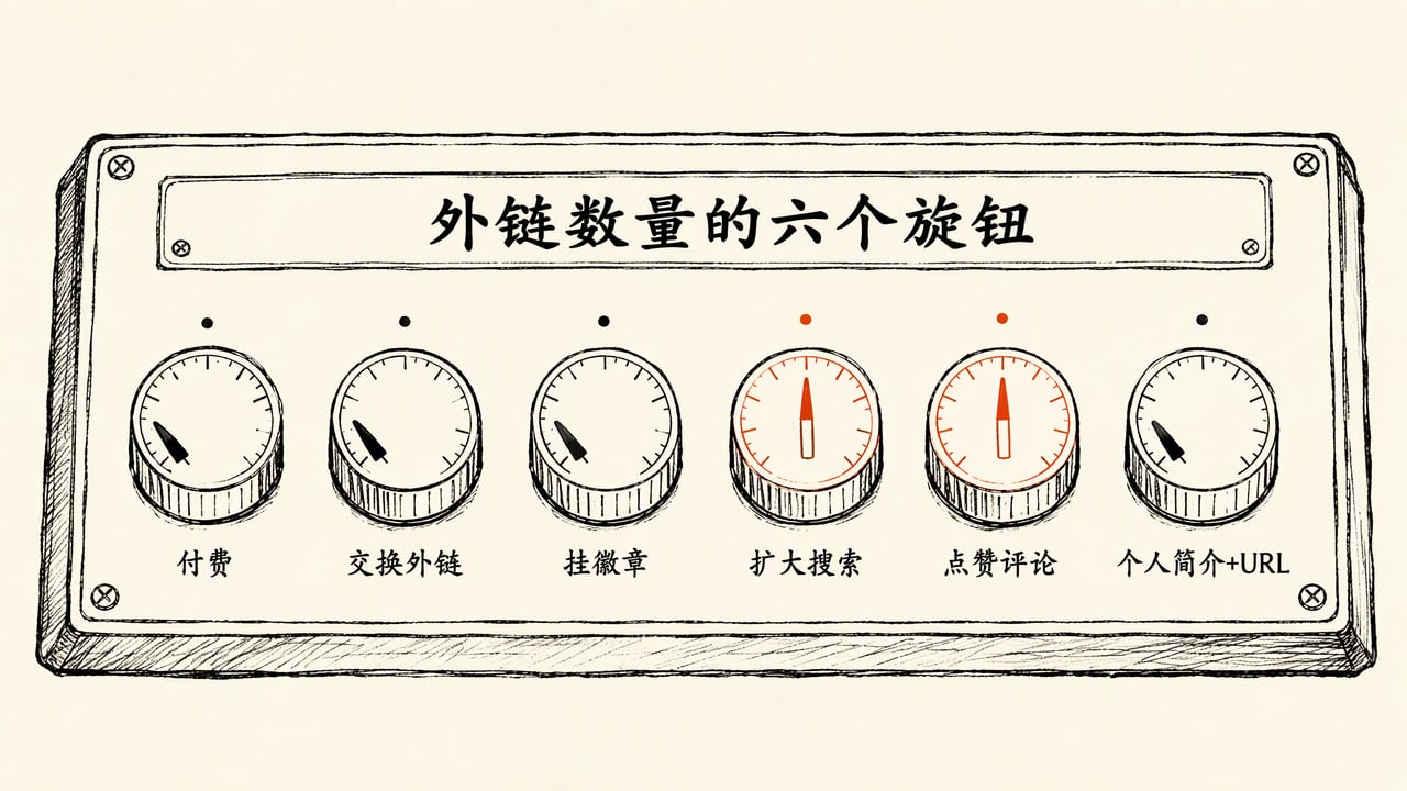 外链数量的六个旋钮:付费、交换外链、挂徽章、扩大搜索、点赞评论、个人简介+URL