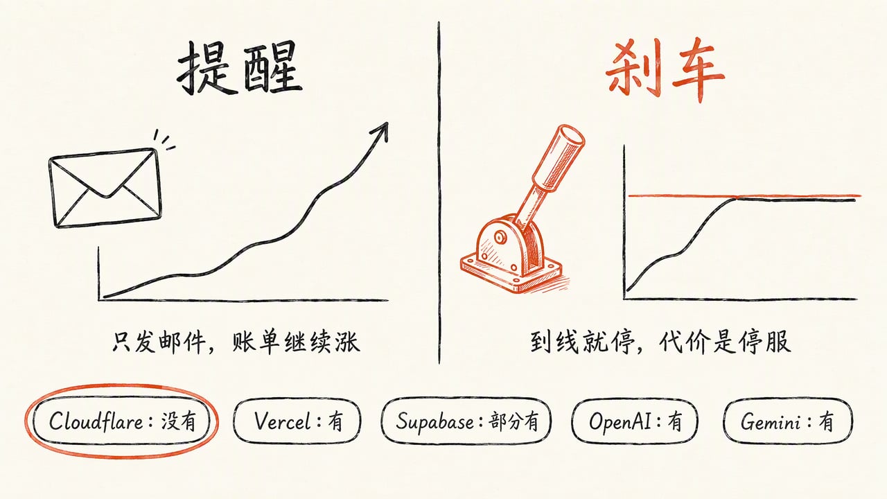 提醒只发邮件,刹车到线就停;Cloudflare 目前没有会停服的上限