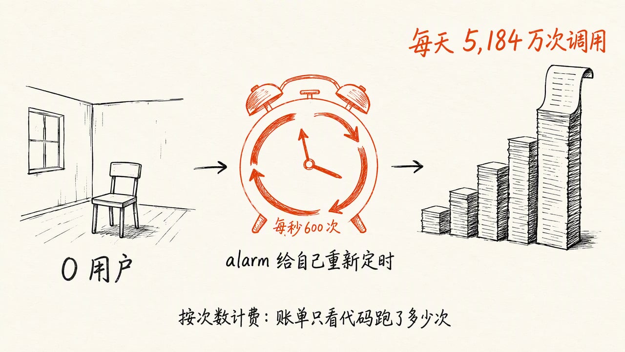 零用户,alarm 每秒给自己定时 600 次,一天 5,184 万次调用