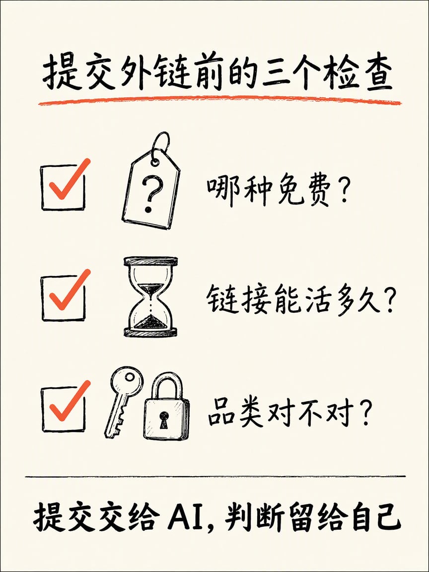 提交外链前的三个检查:哪种免费、链接能活多久、品类对不对。提交交给 AI,判断留给自己
